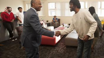 UC Davis Chancellor Gary May visits with students at the Center of African Diaspora Student Success on December 1, 2017.