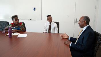 UC Davis student, Davares Robinson, shadows Chancellor May for a day as part of the UC Davis Leadership Job Shadow Program.   